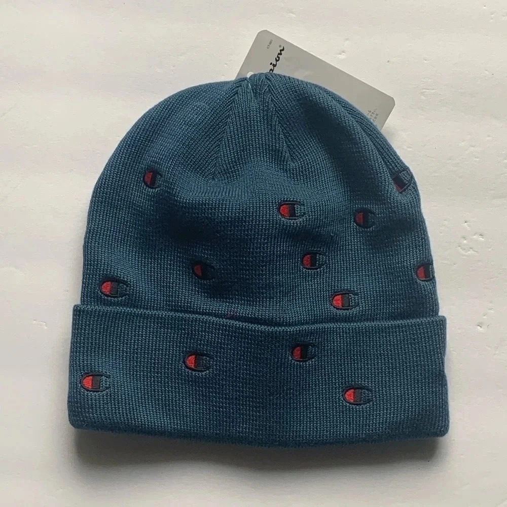 Champion Beanie Knit Hat Script Logo Blue Cuffed New